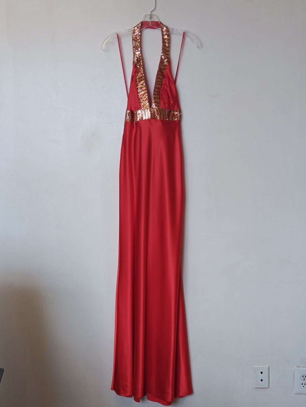 Stunning Faviana Red Halter Maxi Gown with Gold Sequin Trim